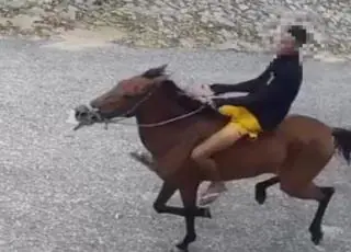Montado a cavalo, homem assalta vítimas com arma de fogo em ponto de ônibus