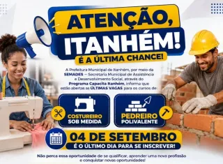 Moradores de Itanhém têm até 4 de setembro para se inscrever em cursos profissionalizantes Mais chamativos