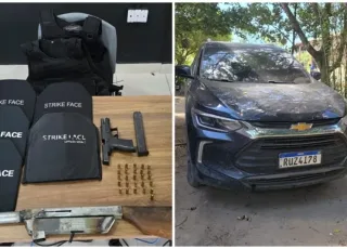 Pistola, submetralhadora e coletes balísticos são encontrados em carro roubado em Porto Seguro