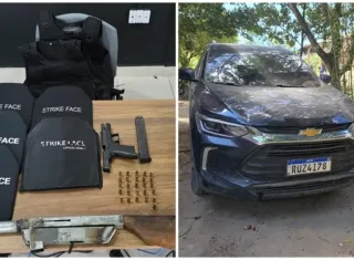 Pistola, submetralhadora e coletes balísticos são encontrados em carro roubado em Porto Seguro