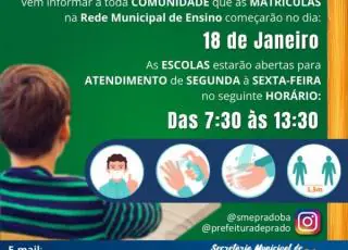 Prado convoca pais e responsáveis para matrícula dos alunos no ano letivo 2021