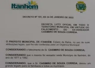 Prefeito decreta Luto Oficial pela morte de ex-vereador Casimiro Correia