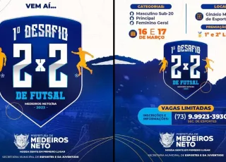 Prefeitura de Medeiros Neto realizará o primeiro desafio 2x2 de futsal  