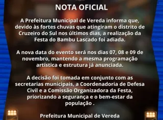 Prefeitura de Vereda adia realização da Festa do Bambu Lascado devido às fortes chuvas