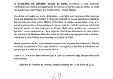 Prefeitura de Vereda emite nota de pesar pela morte de Dr. Armando Leal do Norte