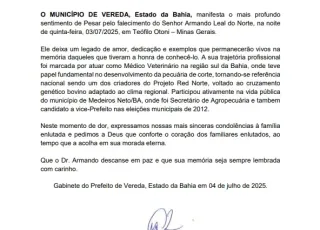 Prefeitura de Vereda emite nota de pesar pela morte de Dr. Armando Leal do Norte