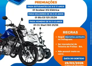 Projeto do vereador Jonatas Santos vai sortear motos e scooter elétrica em Teixeira de Freitas