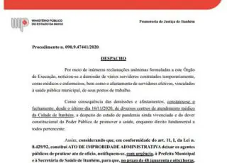 Promotora notifica prefeita e secretária de Itanhém por demissão na Saúde
