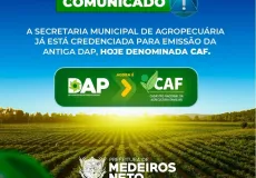 Secretaria de Agropecuária de Medeiros Neto está emitindo o CAF, antiga DAP, aos produtores rurais