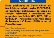 Secretaria de Cultura de Mucuri publica RESULTADOS preliminares de classificação das propostas dos projetos das leis Aldir Blanc e Paulo Gustavo