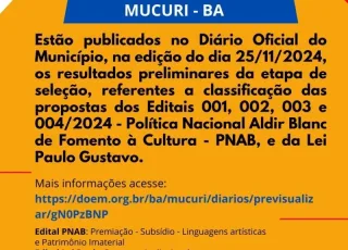 Secretaria de Cultura de Mucuri publica RESULTADOS preliminares de classificação das propostas dos projetos das leis Aldir Blanc e Paulo Gustavo