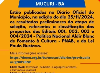 Secretaria de Cultura de Mucuri publica RESULTADOS preliminares de classificação das propostas dos projetos das leis Aldir Blanc e Paulo Gustavo