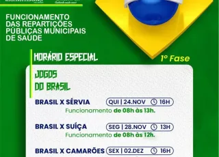 Secretaria de Saúde de Lajedão divulga atendimento em dias dos jogos do Brasil