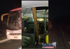 Tora de madeira invade ônibus e quase provoca grave acidente em Teixeira de Freitas