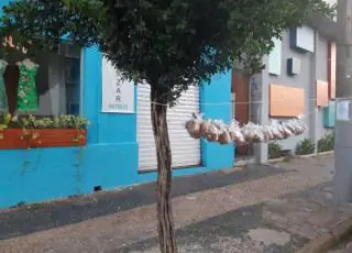 Voluntários penduram lanches em varal para ajudar moradores de rua durante pandemia